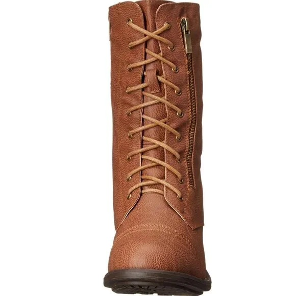 Top Moda Combat Style Lace-Up Mid-Calf Boots | Faux Leather + Buckle Detail - Picture 6 of 8